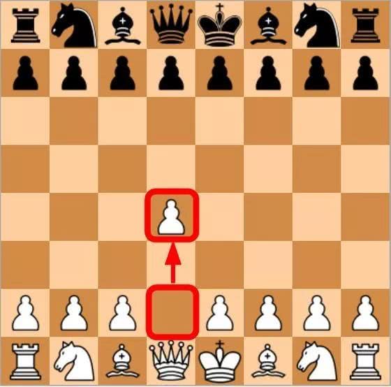 皇后前面的兵从第2行走到第4行.是国际象棋注释符号,表示"好棋".